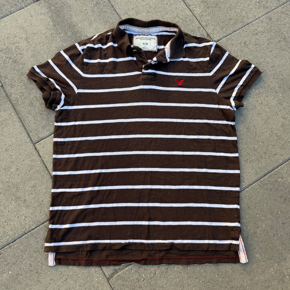 American Eagle Mens XL Brown White Striped Athletic Fit Short Sleeve Polo Shirt